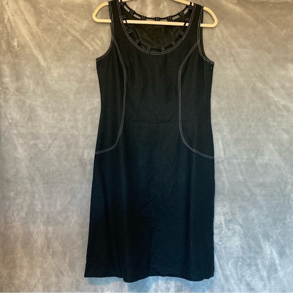 Vintage 90s Black Sleeveless Side Zip Linen Blend Shift Dress White Stitch 12